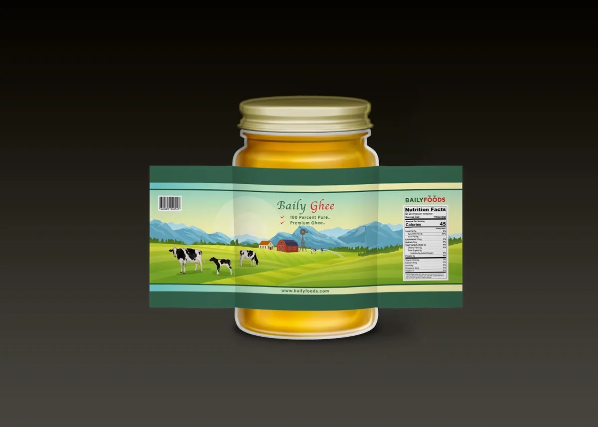 Baily Foods ghee jar with pasture label, packaging design