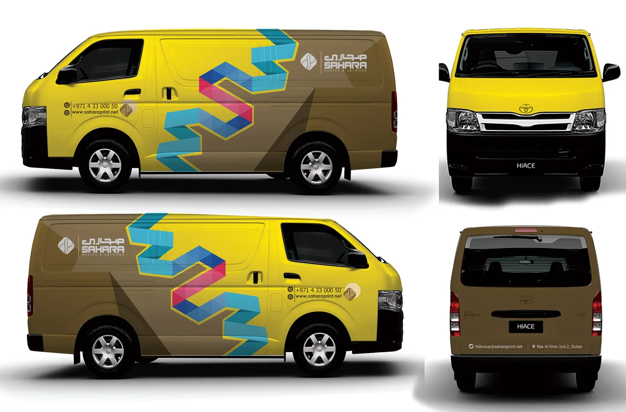 Sahara vehicle livery design, gold and green vans