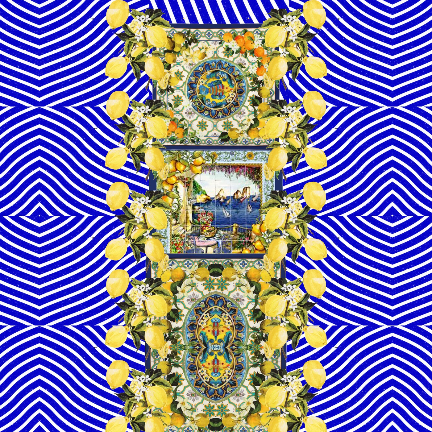 EGO — lemon print panel with cobalt chevron stripes