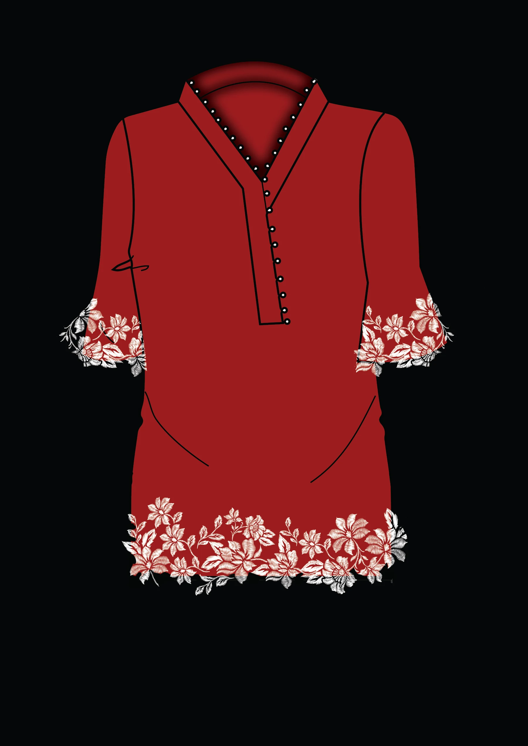 EGO — embroidered red kurta, completed design render