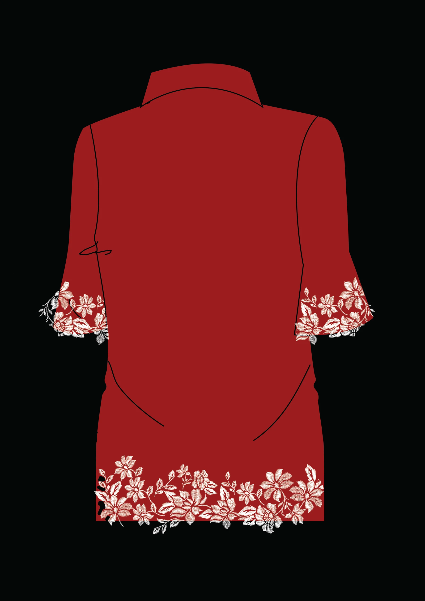 EGO — embroidered red kurta, back view, completed design render