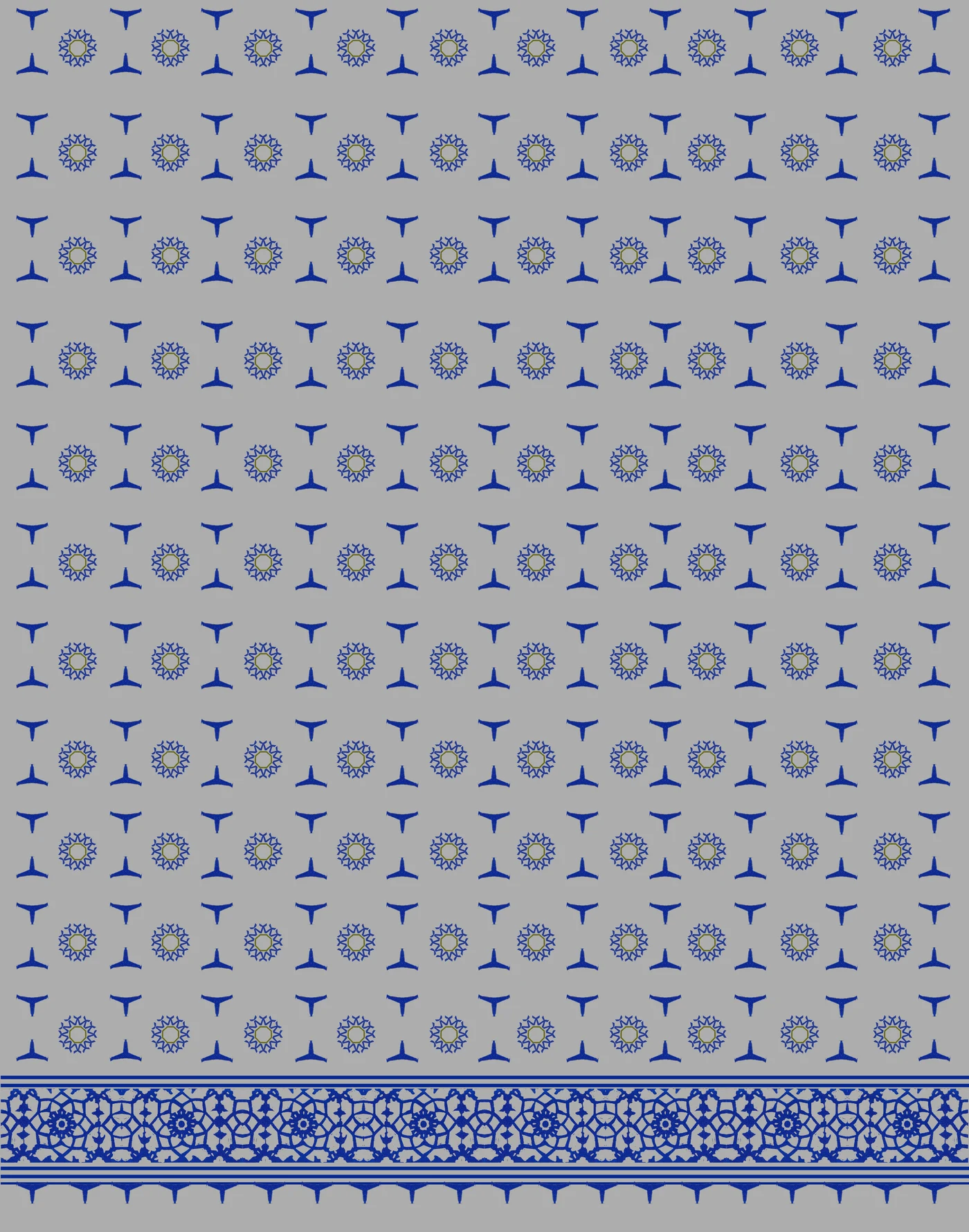 EGO — blue block-print repeat with border