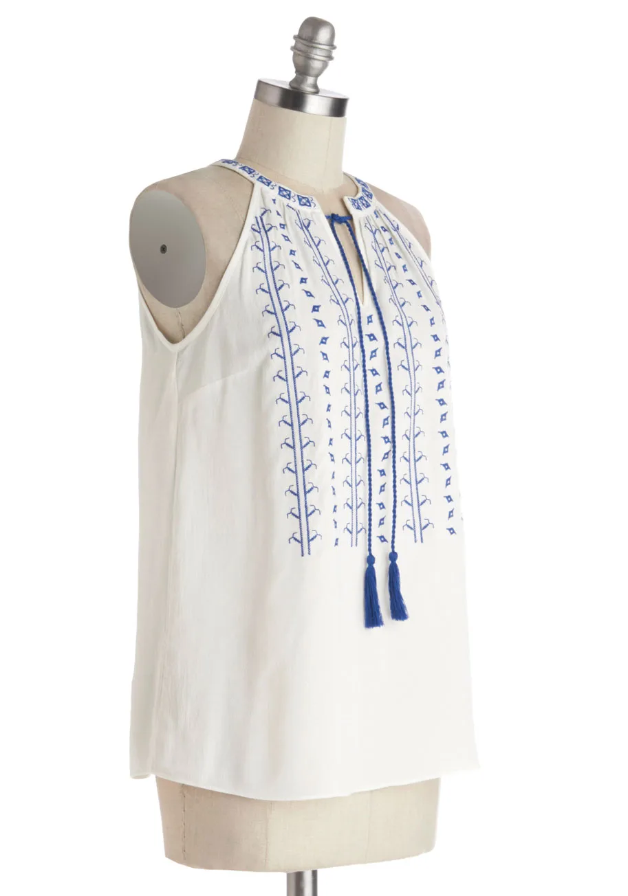 White top with blue embroidered placement, Outfitters Summer 2016