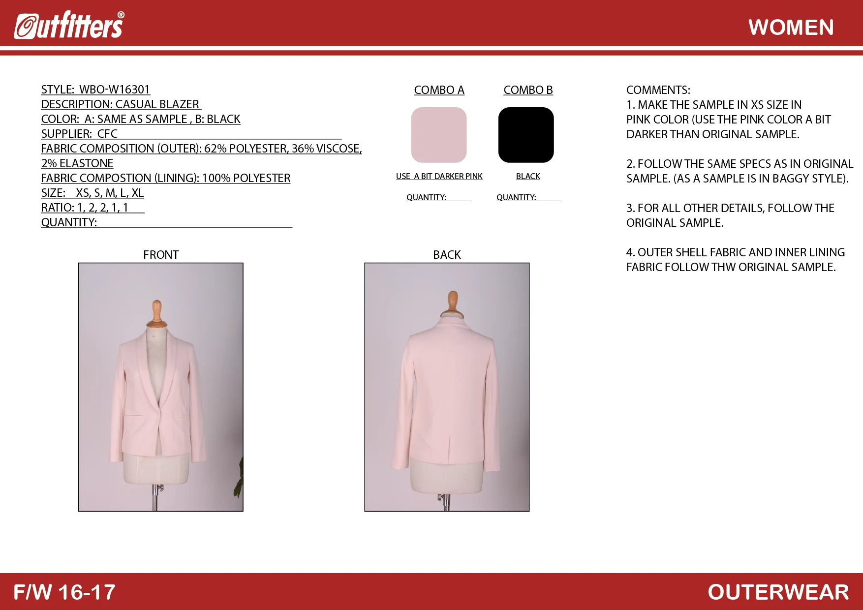 Outfitters technical pack for the pink blazer, style code WBO-W16301