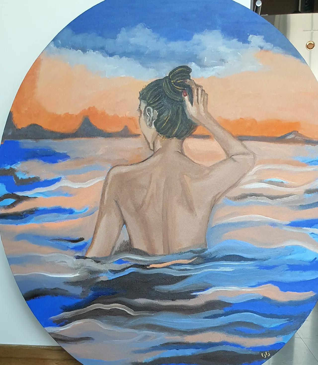 Wabi Sabi — circular canvas, figure in water at sunset