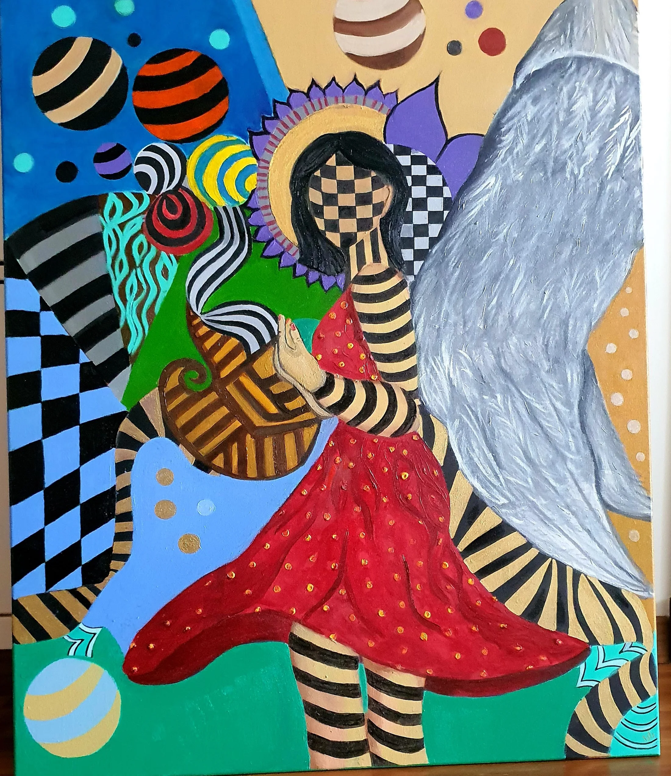 Wabi Sabi — original painting, winged figure with checkerboard and red